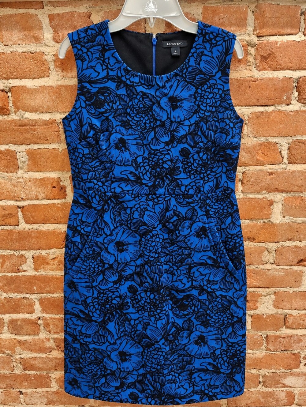Lands’ End Blue & Black Floral Sheath Dress Size 8 Stretch Midi Work Dress